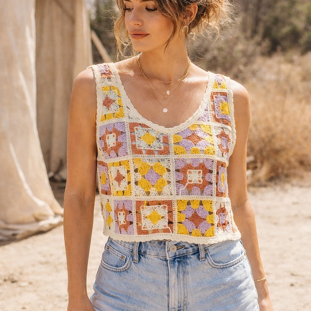 Rebellion‎ Again Crochet Patchwork NEW Tank Top Square Festival Crop Size Small